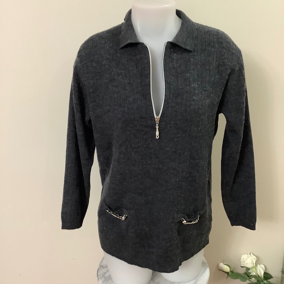 Vintage ADOLFO Wool Quarter- Zip Sweater Sz L 36-38 bust - Picture 1 of 14